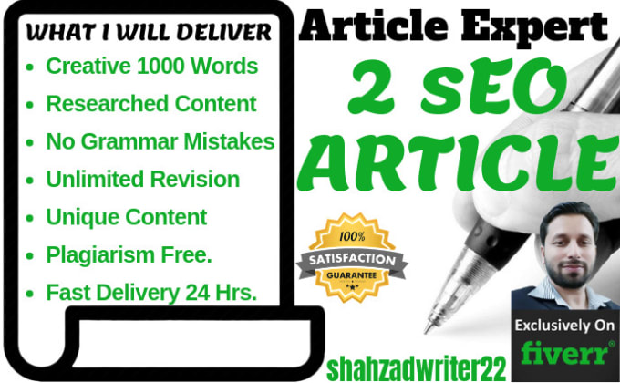 Gig Preview - Write 2 SEO optimized article of 500 words each in 24 hrs