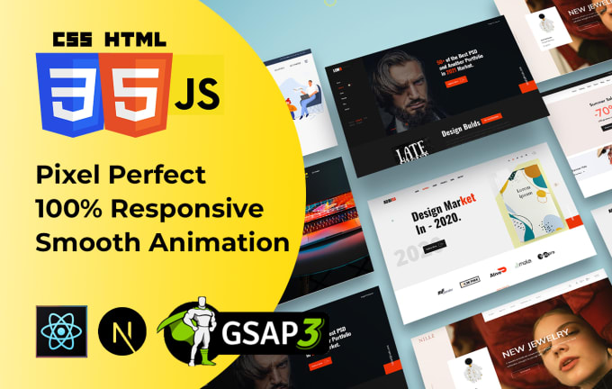 Bestseller - convert psd, xd, figma to html, react js with gsap animation on website