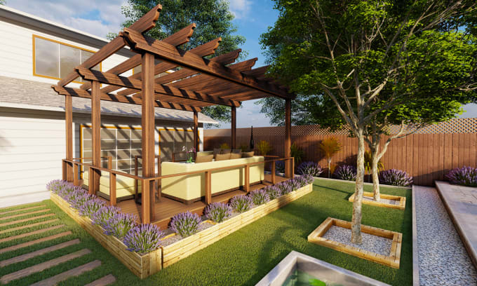 Gig Preview - Design your garden backyard patio terrace with a whole landscape 3d realistic