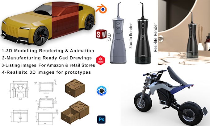 Bestseller - do 3d model product design cad drawing rendering  animation