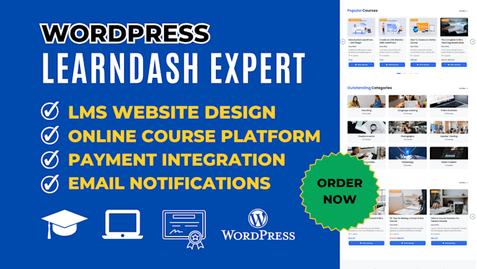 Gig Preview - Build wordpress lms website, online course website with learndash