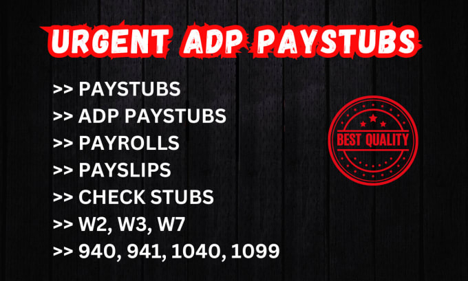 Gig Preview - Do urgent adp paystub, paystub, payslip check stubs w2 w3 1099