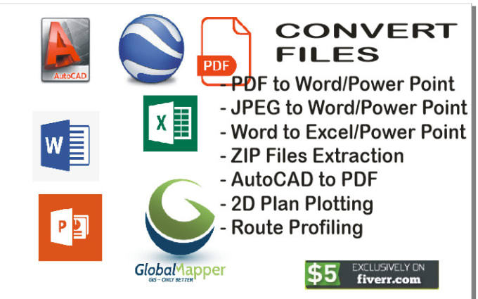 Gig Preview - Quickly convert any file to bin, word, kml, dwg, csv, pdf, dxf files