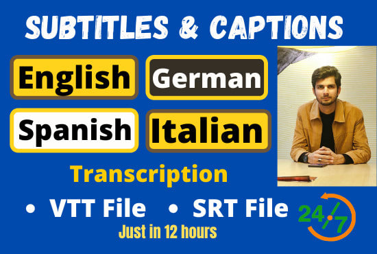 Gig Preview - Add perfect subtitle and closed captions to english, german, spanish, french srt