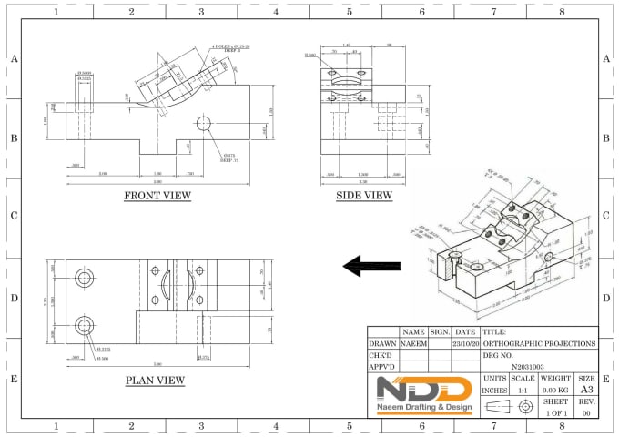 Gig Preview - Draw orthographic projections and isometric view in autocad