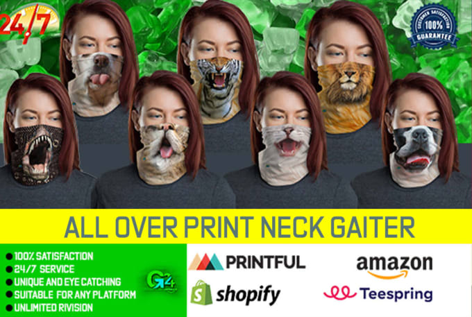 Gig Preview - Design custom face mask, gaiter for printful, printify, subliminator, yoycol