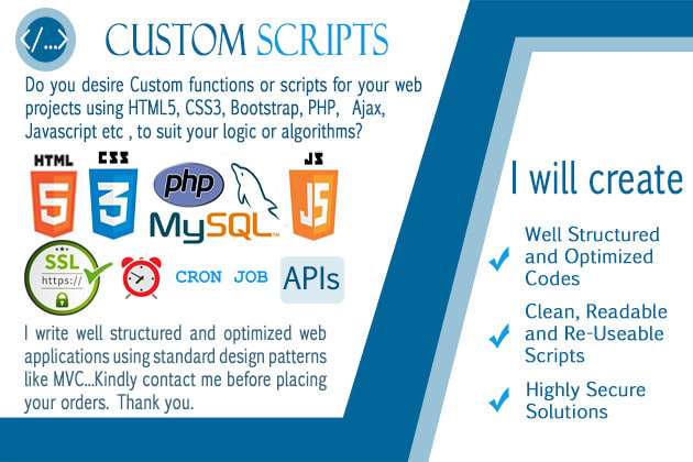 Gig Preview - Create custom php script,php api, javascript, mysql database website