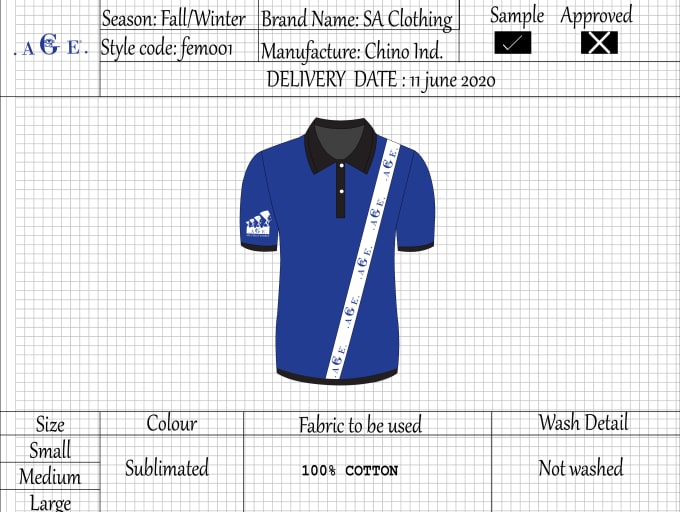 Gig Preview - Design specs sheet  2d flat mockup of apparels