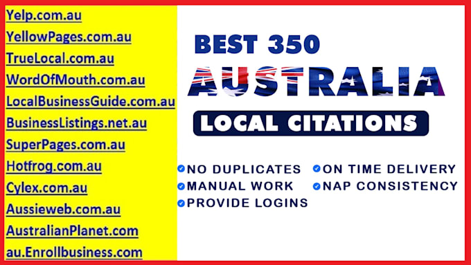 Gig Preview - Top 350 australia local citations and australian business directories local seo