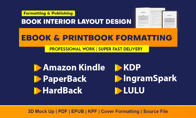 Gig Preview - Do paperback book formatting for kdp, lulu, ingramspark, amazon ebook formatting