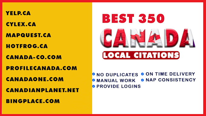 Gig Preview - Top 350 canada local citations and directory submission for local business seo