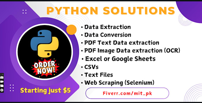 Gig Preview - Develop python script to extract or convert data from excel,PDF,CSV,text,word