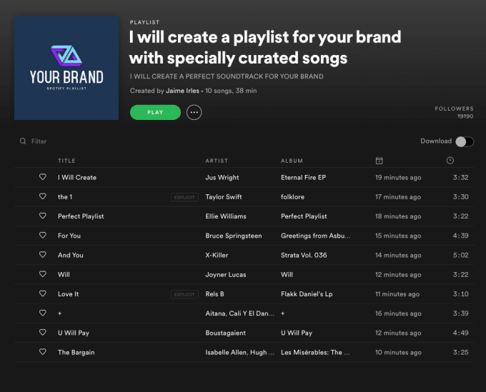 Gig Preview - Create a playlist for your brand with specially curated songs