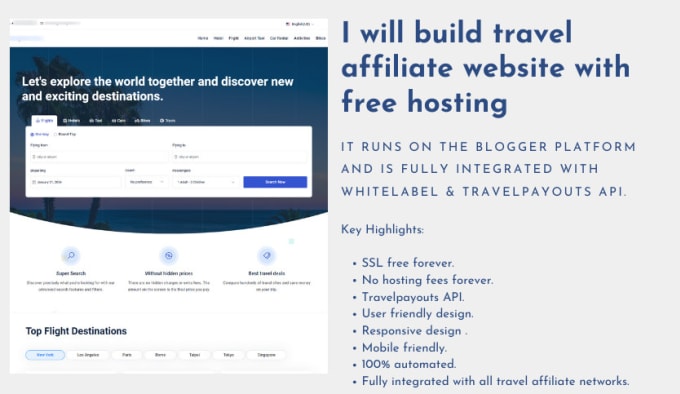 Gig Preview - Build an automated travel affiliate website with free hosting