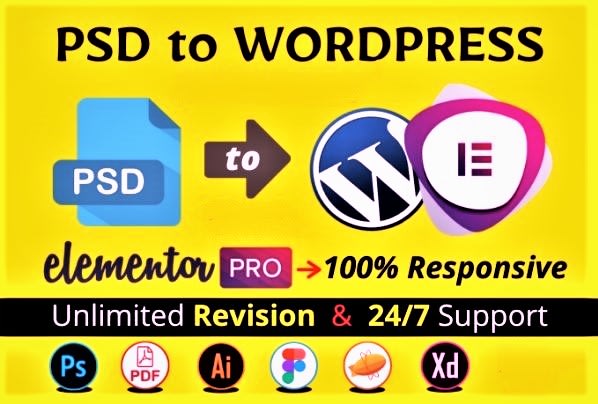 Gig Preview - Convert PSD, sketch, xd, PDF design to wordpress using elementor pro