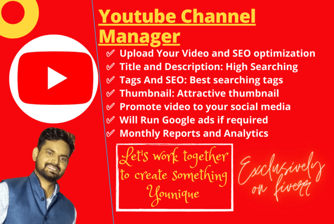 Gig Preview - Be your youtube channel manager, SEO optimize title, description, tag, thumbnail