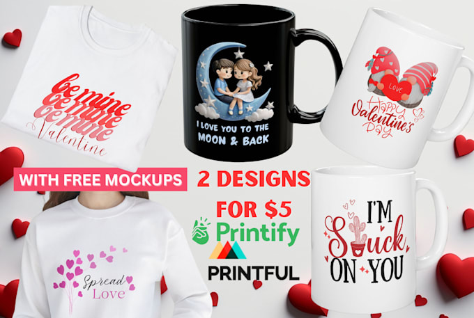 Gig Preview - Create valentines day mug, tshirt designs, printify printful