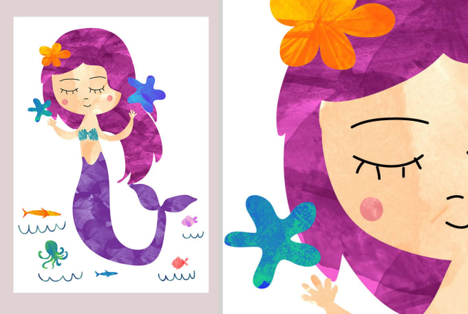 Gig Preview - Design cute animals, stickers, mermaid character for wallart