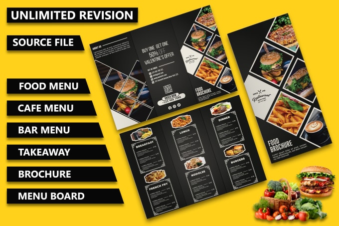 Gig Preview - Do awesome food cafe bar menu card takeaway trifold brochure menu board design