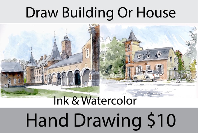 Gig Preview - Do ink and watercolor building hand drawing for you