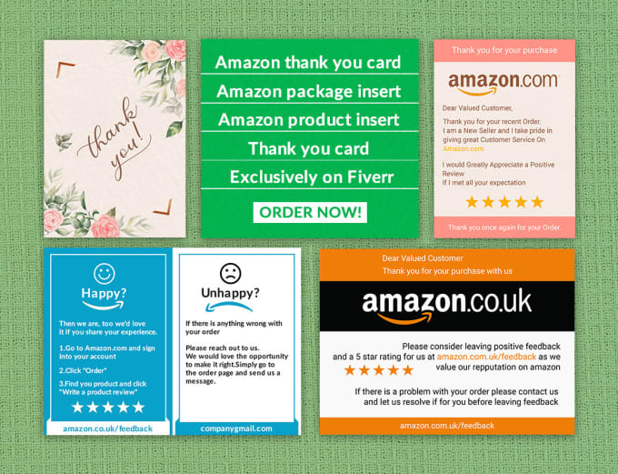 Gig Preview - Design amazon thank you card, amazon package insert, product insert design