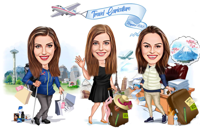 Gig Preview - Draw travel caricature vacation cartoon drawing