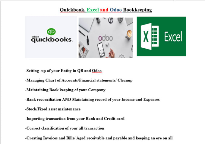 Gig Preview - Do bookkeeping accounting in quickbook , excel and odoo