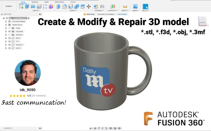 Gig Preview - Design stl model for printing in fusion 360 cad