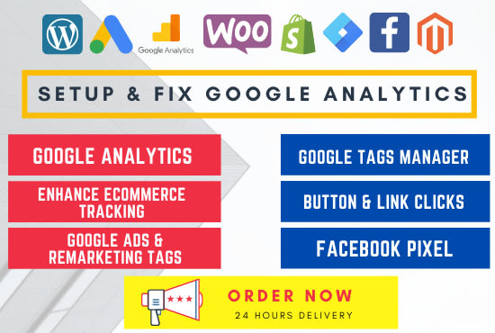 Gig Preview - Setup or fix ga4, google analytics 4, GTM ecommerce tracking and facebook pixel