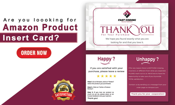 Gig Preview - Design amazon thank you card and product feedback insert card