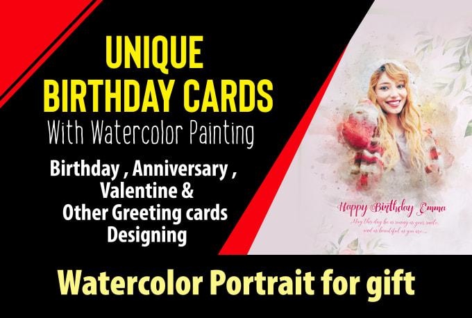 Gig Preview - Design unique birthday cards and greeting cards with a watercolor portrait