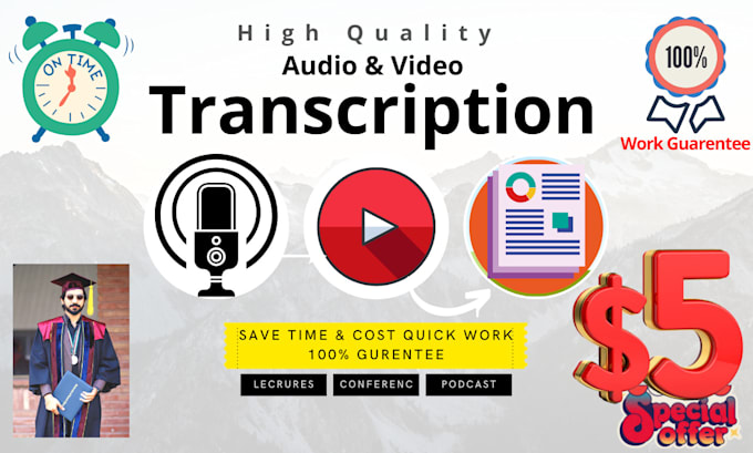 Gig Preview - Transcribe audio and video with transcription in english french italian 24 hour