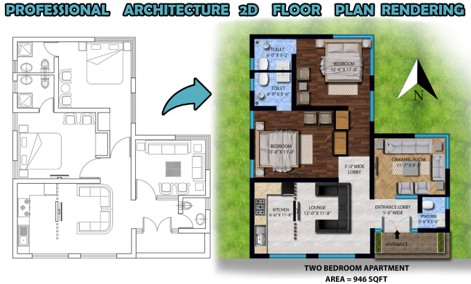 Gig Preview - Render 2d architectural floor plan visuals in photoshop