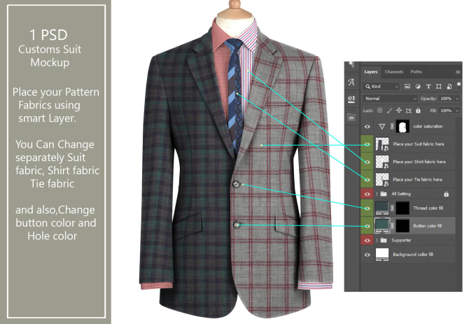 Bestseller - do a bespoke custom PSD suit mockup to apply your fabrics