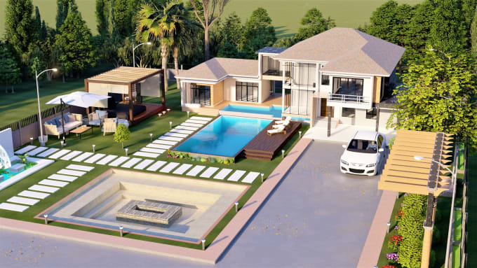 Gig Preview - Design garden, backyard, swimming pool, patio, terrace with realistic image