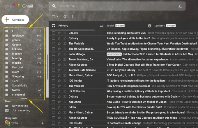 Gig Preview - Create gmail labels, filters to categorize incoming messages