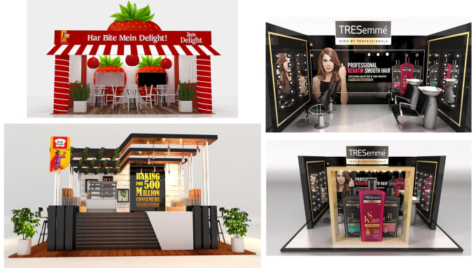 Gig Preview - Design 3d trade booth, exhibition stall, mall stall and setup, booth designs