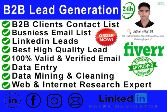 Gig Preview - Do b2b linkedin lead generation, verified contact email list building