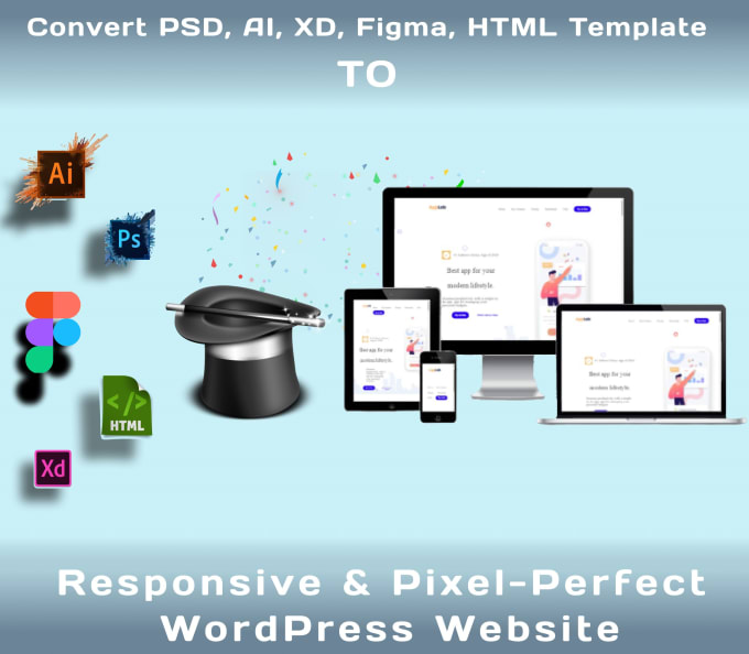 Gig Preview - Convert html template psd ai xd  figma to pixel perfect wordpress website