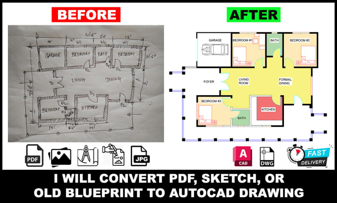 Gig Preview - Redraw blueprint house plans and 2d floor plan or pdf to cad