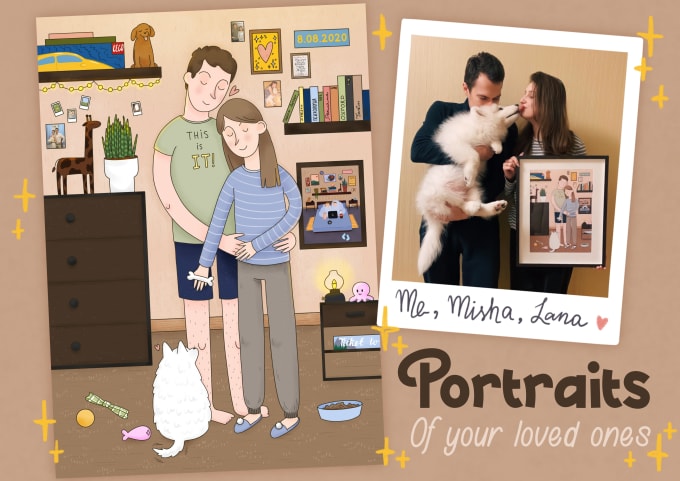 Gig Preview - Draw cute detailed illustration family portrait with pet