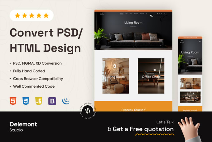 Gig Preview - Convert psd to html figma to html css xd to html bootstrap 5 responsive website