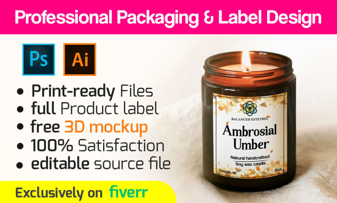 Gig Preview - Create modern editable candle label designs and packaging design and candle logo