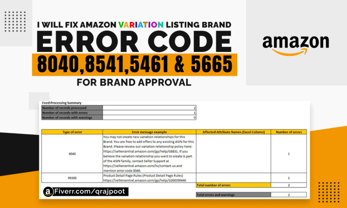 Gig Preview - Fix amazon variation listing brand error 8040, 99300 and 8541 for brand approval