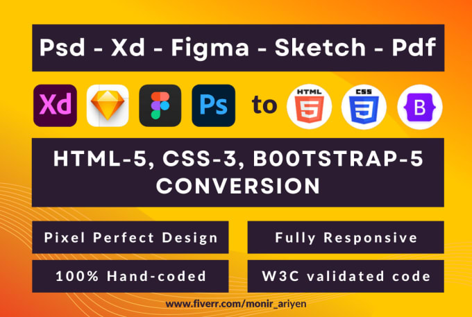 Gig Preview - Convert psd to html, xd to html, figma to html, pdf and sketch to html