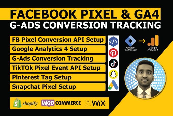 Gig Preview - Do facebook pixel ga4 google ads conversion tracking tiktok snapchat pinterest