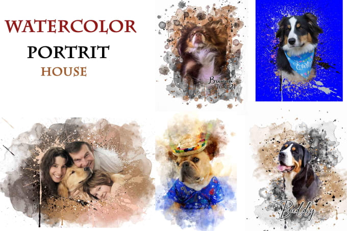 Gig Preview - Do amazing custom digital watercolor portrait of your pets