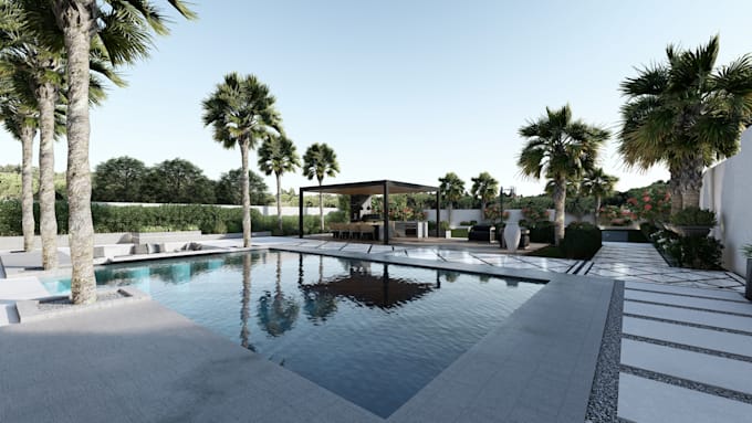 Gig Preview - Design home landscape backyard, pool, 3d realistic rendering