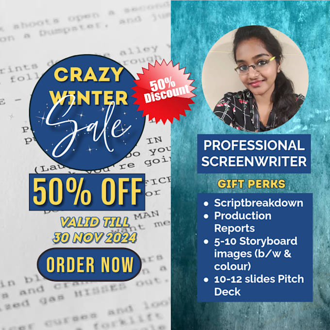 Gig Preview - Write screenplays for short, feature films, and TV, 50 percent off winter sale