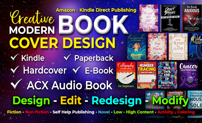 Gig Preview - Design book covers for kindle formatting, ebooks, KDP, and acx audio book cover